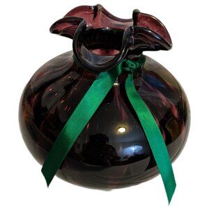 Vintage Amethyst Purple Art Glass Vase Ruffled Crimped Edge Decor MCM Ribbon